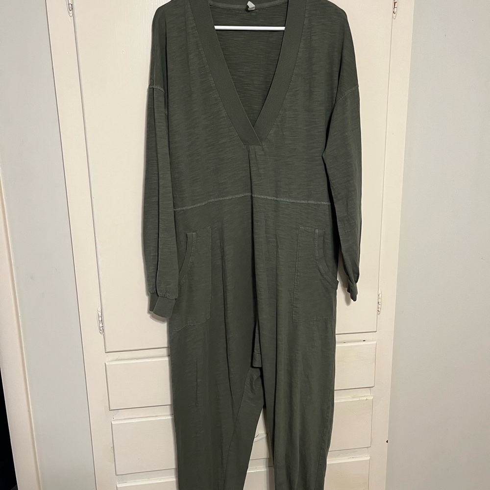 Free People Deep V-Neck Jumpsuit in Forest Green